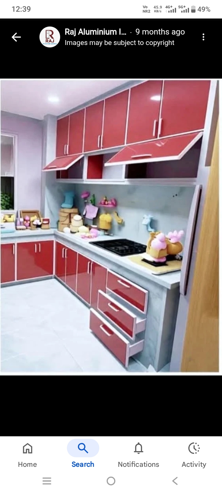 Red and white aluminium modular kitchen cabinets
